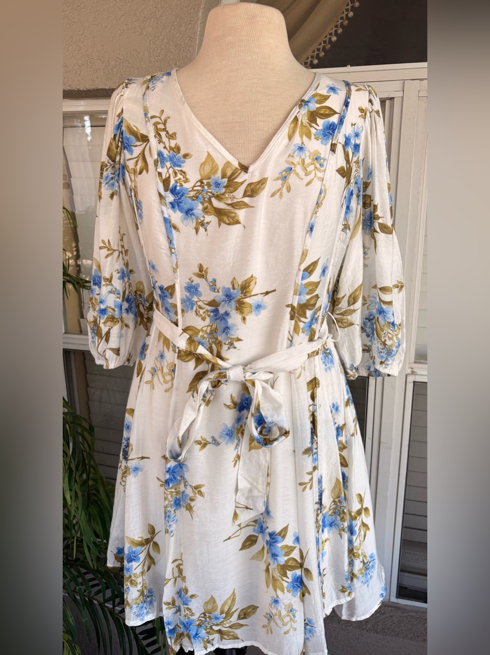 Floral V-Neck Midi Dress in Cream with Blue Print